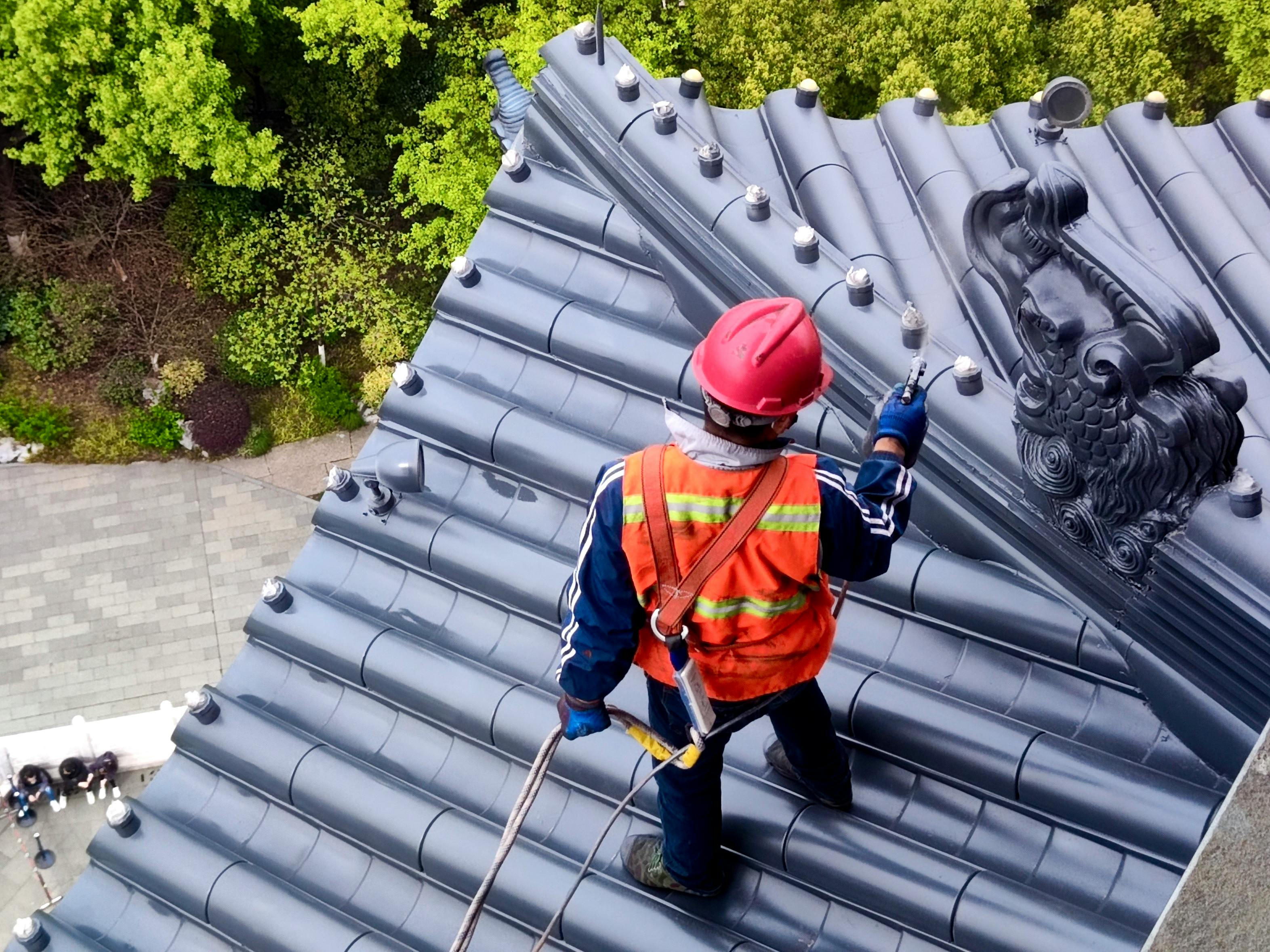 Professional roofing team at work